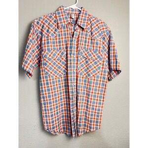 Walls Mens Western Shirt Blue Orange Plaid Pearl Snap Short Sleeve Cotton Small
